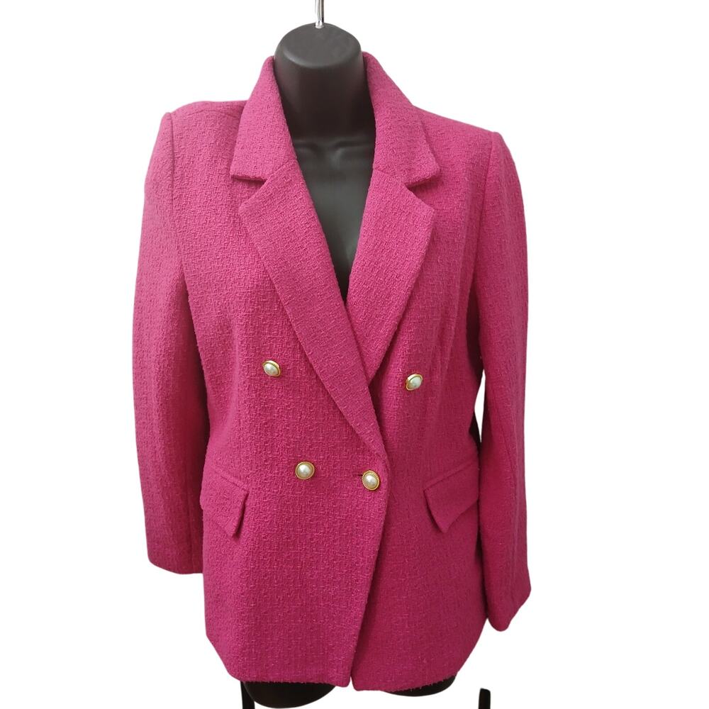 Nanette Lepore Pink Textured Gold Pearl Button DBL Breasted Blazer sz 10